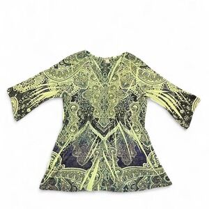 Green paisley print V-neck short sleeve blouse with studded and lace detailing